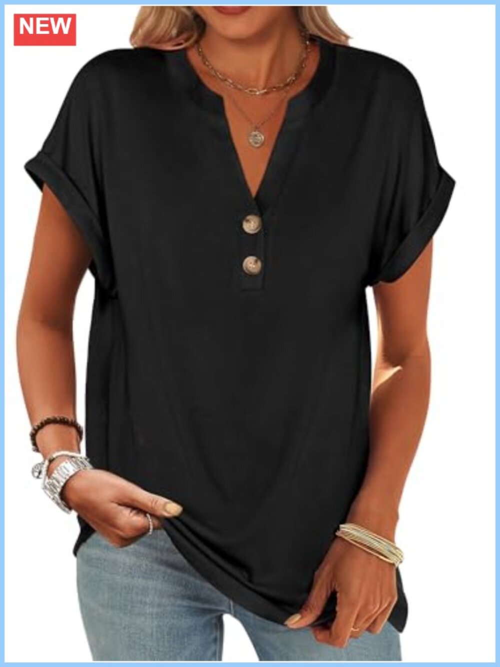 Women's Short Sleeve Henley Top Loose Fit Tunic Blouse